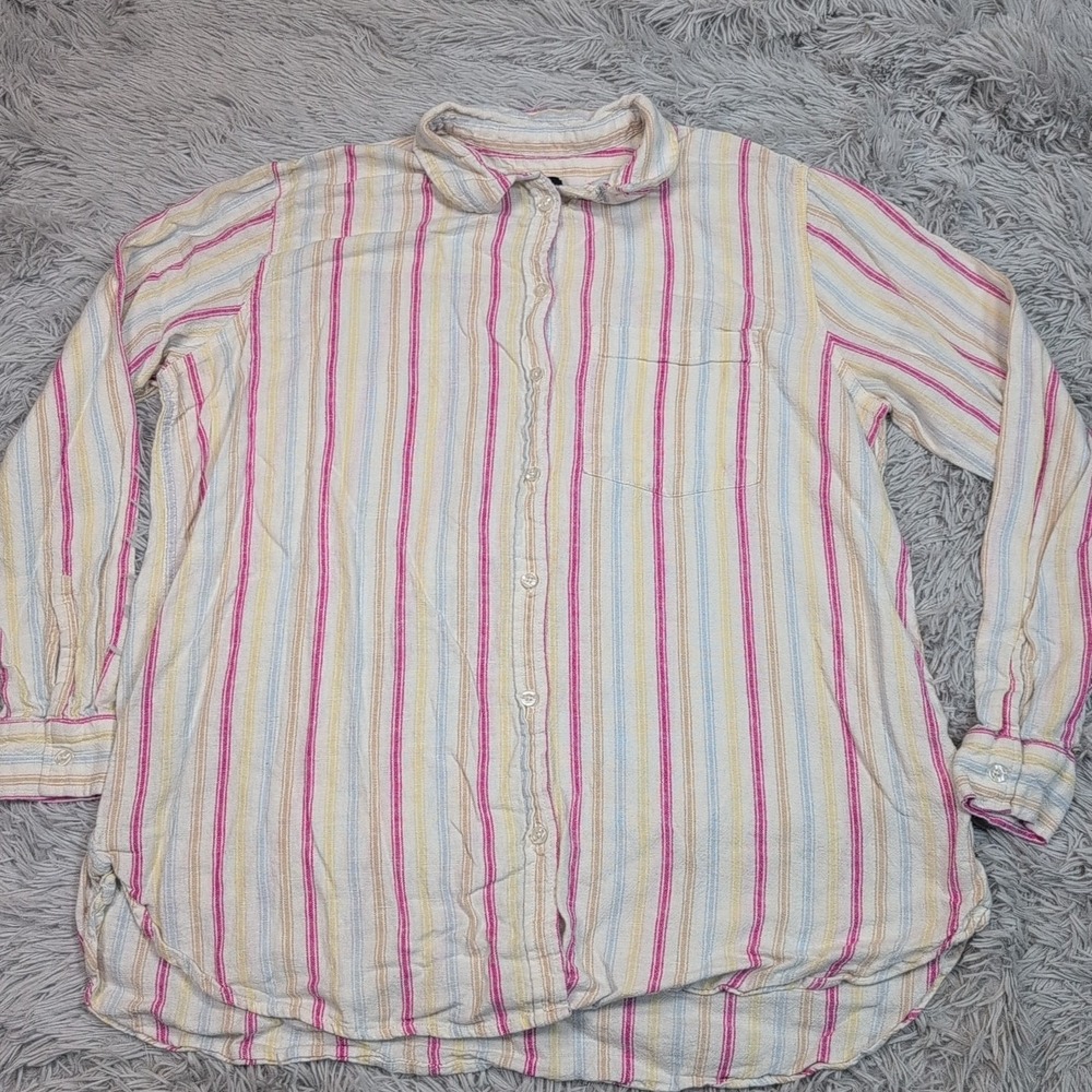 Gap‎ Shirt Womens XL Linen Blend Button Up Comfort Preppy Lightweight Striped